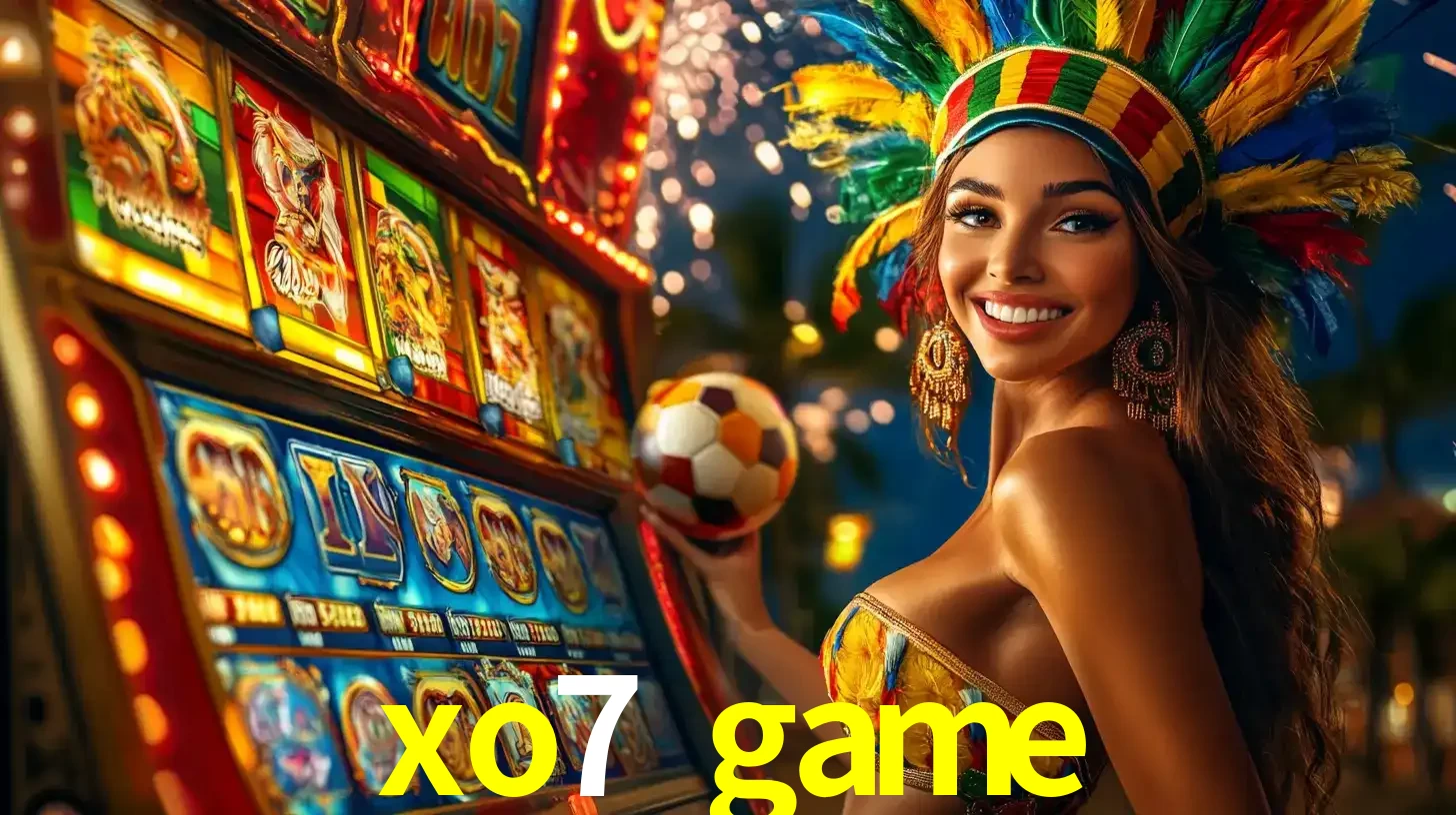 Mulher com um cocar de carnaval ao lado de uma máquina de caça-níqueis enquanto segura uma bola de futebol, mostrando a união da diversão de cassino e esportes no xo7 game.