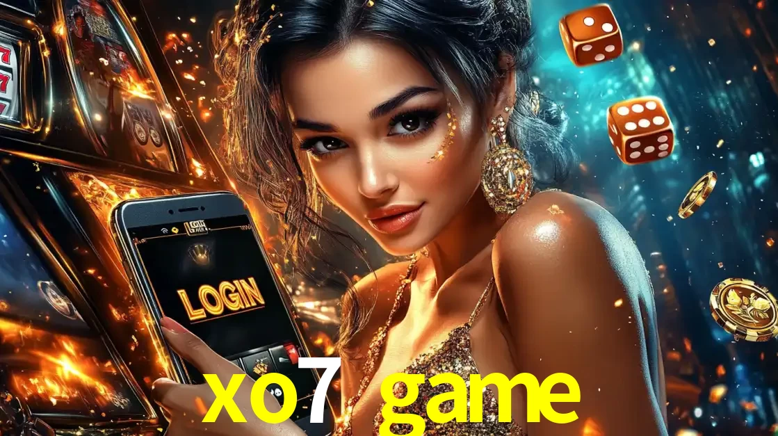 Mulher glamourosa segurando um celular com a tela de login do cassino xo7 game, rodeada por dados e moedas douradas, pronta para começar a diversão.