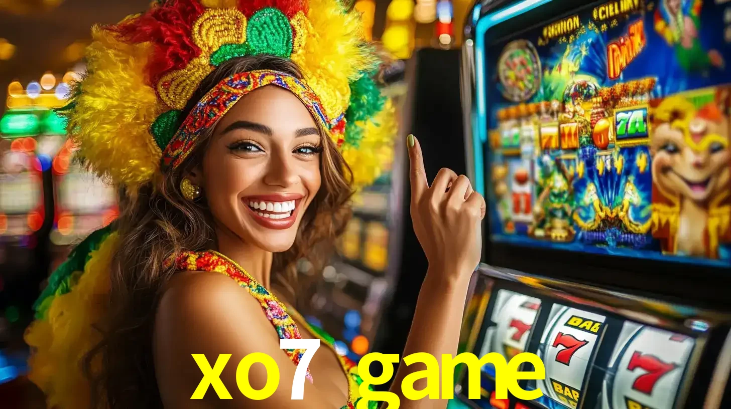 Mulher animada com um cocar de carnaval apontando para uma máquina de caça-níqueis, mostrando a emoção de ganhar um grande prêmio nos jogos do xo7 game.