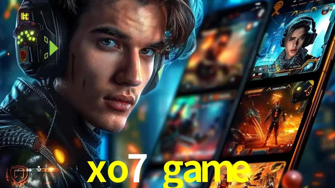 Jovem jogador com fones de ouvido olhando para a câmera, com um aplicativo de jogos e e-sports para celular ao fundo, pronto para a competição e apostas no xo7 game.