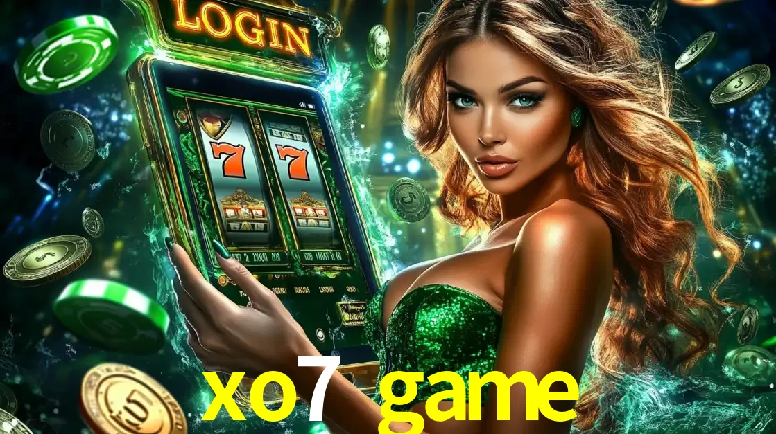 Mulher com tema verde apresentando o aplicativo do cassino xo7 game com um jogo de slot de 777, cercada por fichas de cassino e uma aura de sorte.