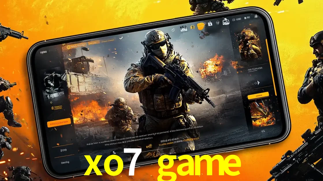 Um smartphone exibindo a interface de um jogo de tiro em primeira pessoa, com um soldado em um cenário de batalha, representando a ação dos e-sports para apostar no xo7 game.