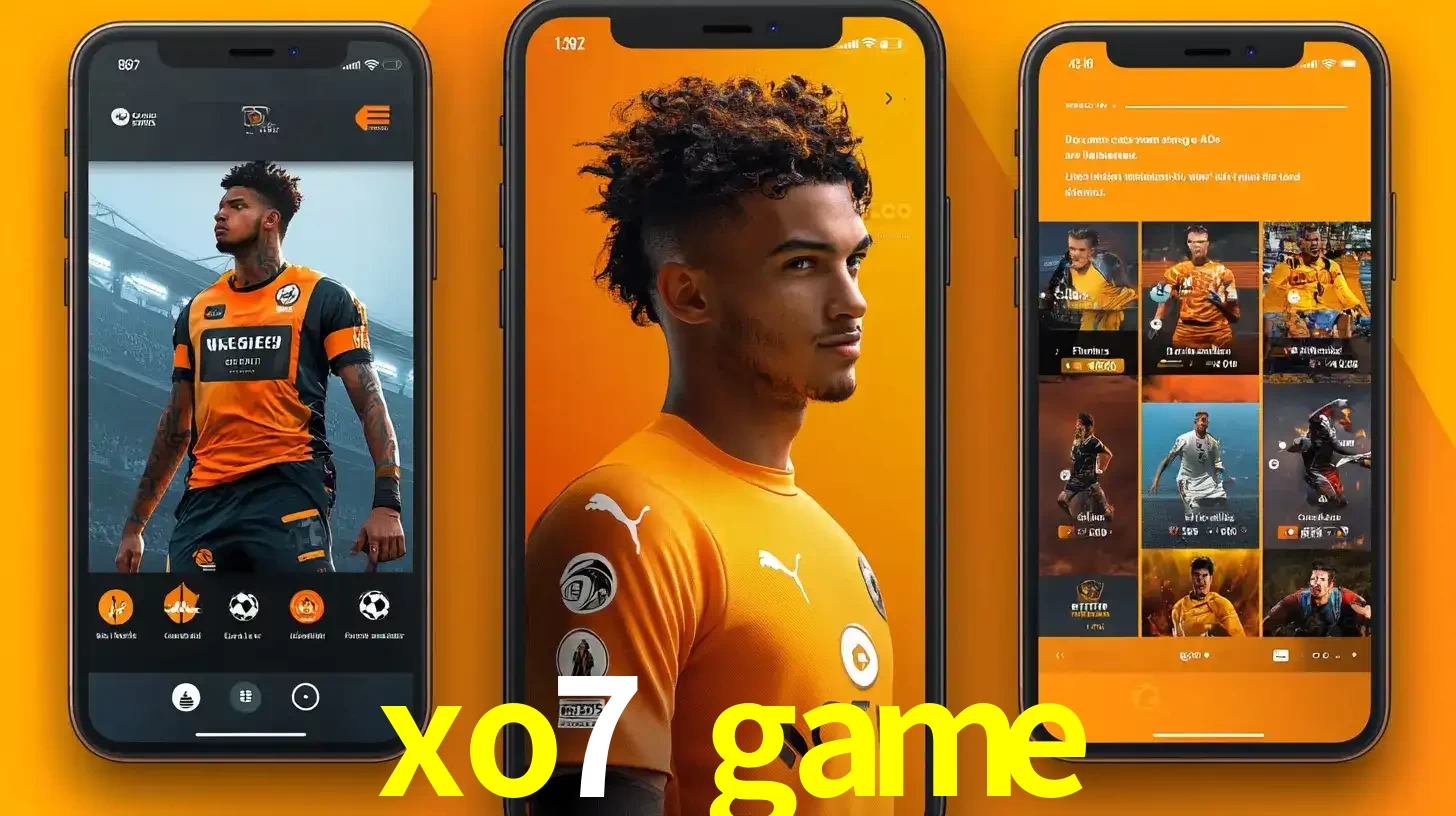 Interface do aplicativo de apostas esportivas xo7 game em três telas de celular, mostrando o perfil de um jogador de futebol e a lista de jogos disponíveis para apostar.