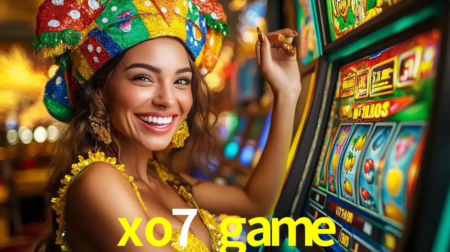 Mulher feliz com traje de carnaval amarelo e colorido ao lado de uma máquina de caça-níqueis, aproveitando a diversão e os jogos temáticos do cassino xo7 game.