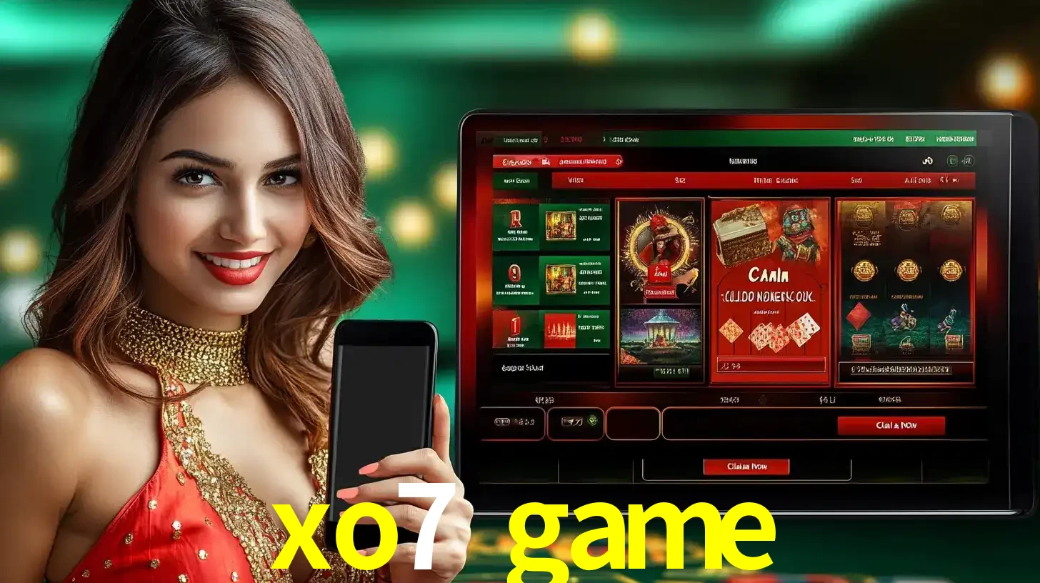 Mulher sorridente segurando um smartphone, ao lado de uma tela exibindo o lobby de jogos do cassino online xo7 game, com várias opções de jogos de cartas e slots.